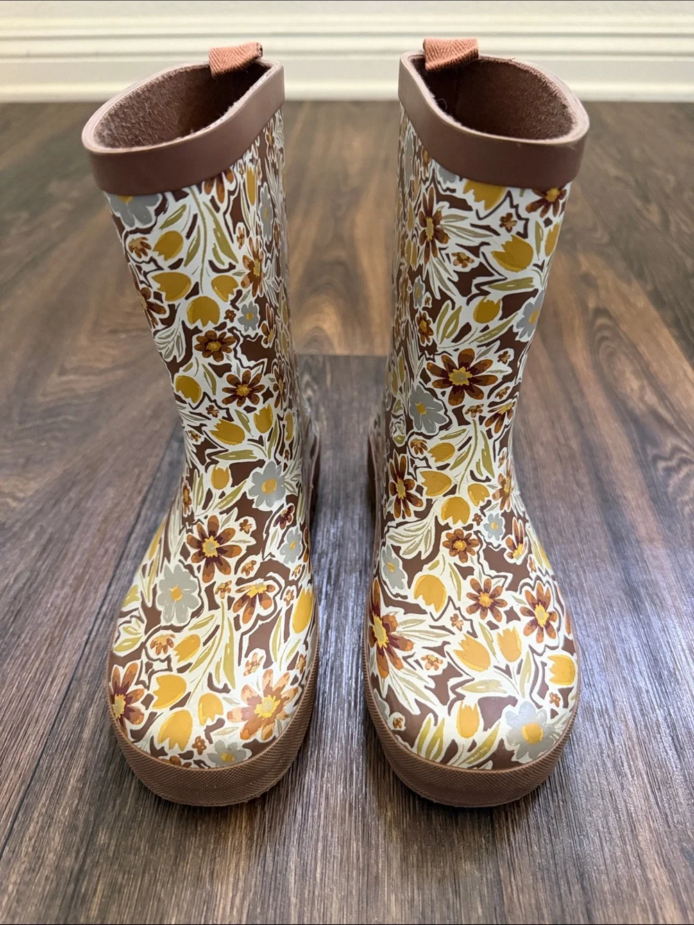 Rylee + Cru Kids Floral Rain Boots in Brown & Yellow